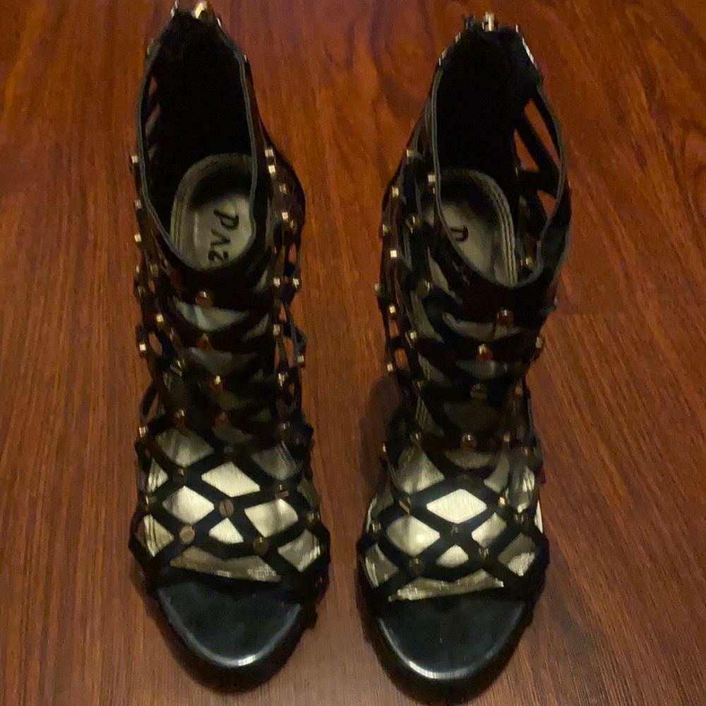 Black open toe heels with gold studs